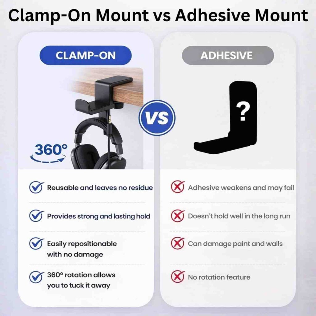 Comparison Charts Example of Clippingbeast Band Headphone Holder Clamp-on and Adhesive Mount