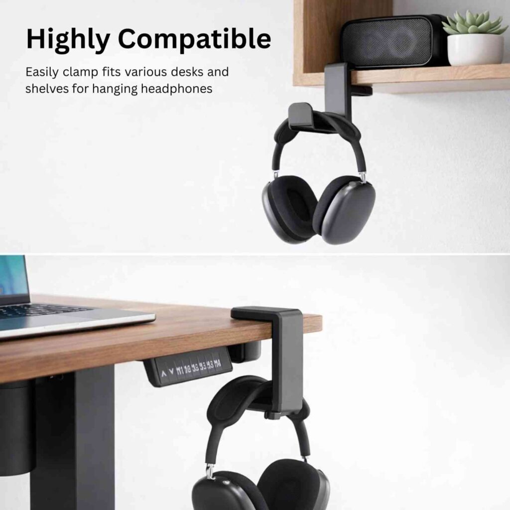 ClippingBeast is an example of a realistic Lifestyle Composites work of a headphone holder hanging on a band's desk.