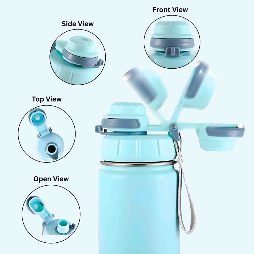 Amazon Product Listing services multi-angle infographic by Clipping Beast - water bottle side, front, top and open view