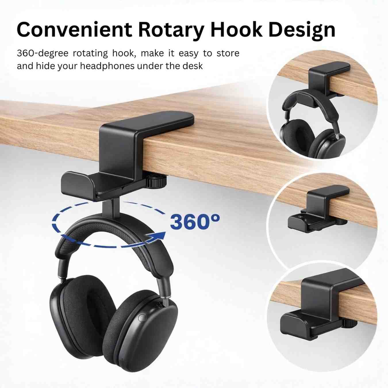 Infographic Images Example of a 360-degree rotatable convenience of the Clippingbeast band headphone holder mount