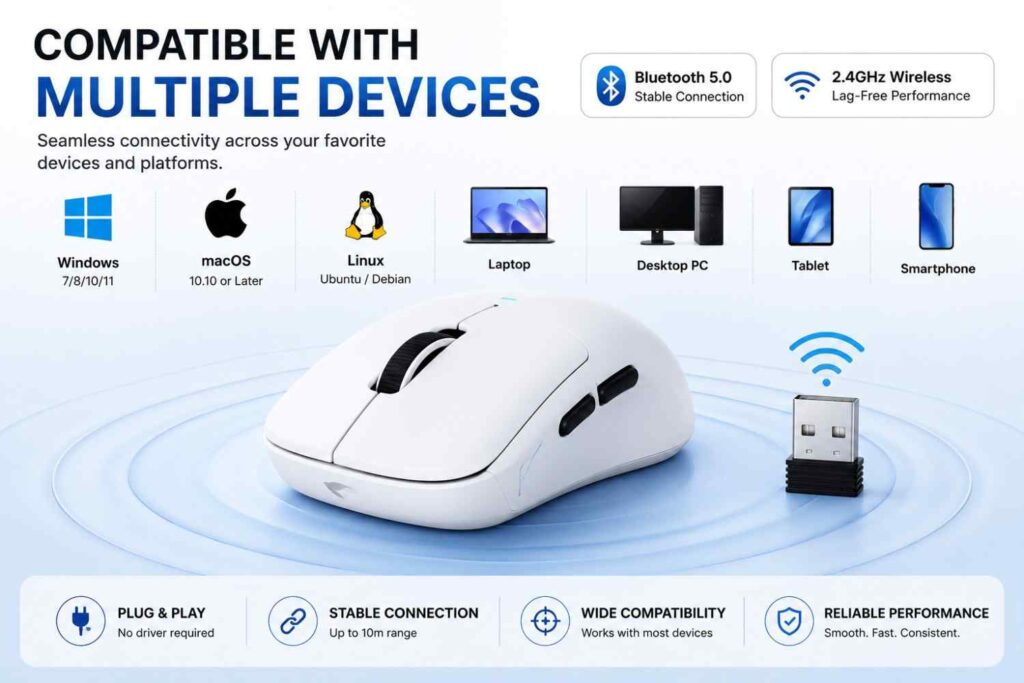 Amazon Listing Services infographic by Clipping Beast - wireless mouse device compatibility and connectivity features