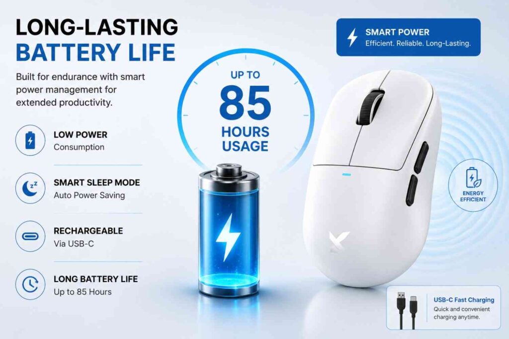 Infographic showing long-lasting battery life with up to 85 hours of usage for an Amazon listing image.