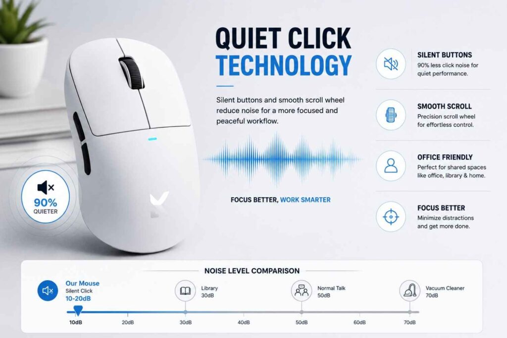 Amazon Listing Services infographic by Clipping Beast - wireless mouse quiet click technology feature