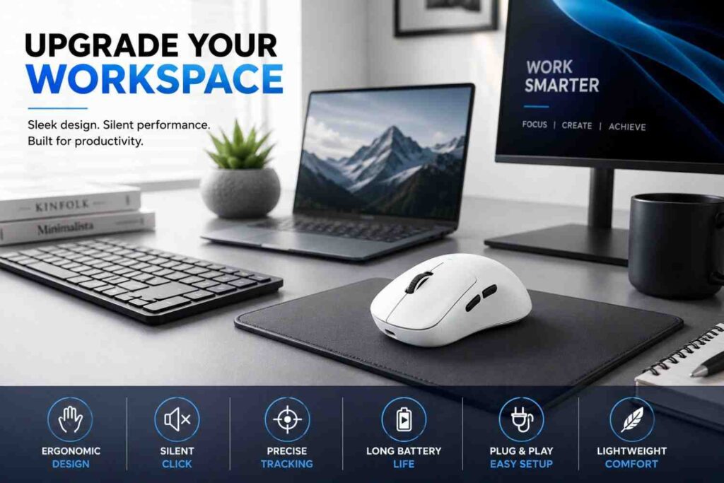 Modern workspace lifestyle image for Clipping Beast Amazon Listing Services featuring a wireless mouse, laptop, and desktop setup.